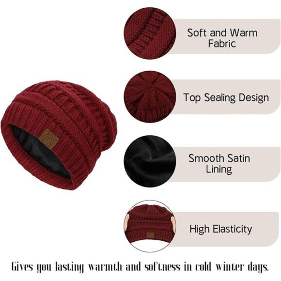 Beanies Women Satin Lined Beanie Winter Hats for Women Silk Lined Slouchy - Picture 3 of 7